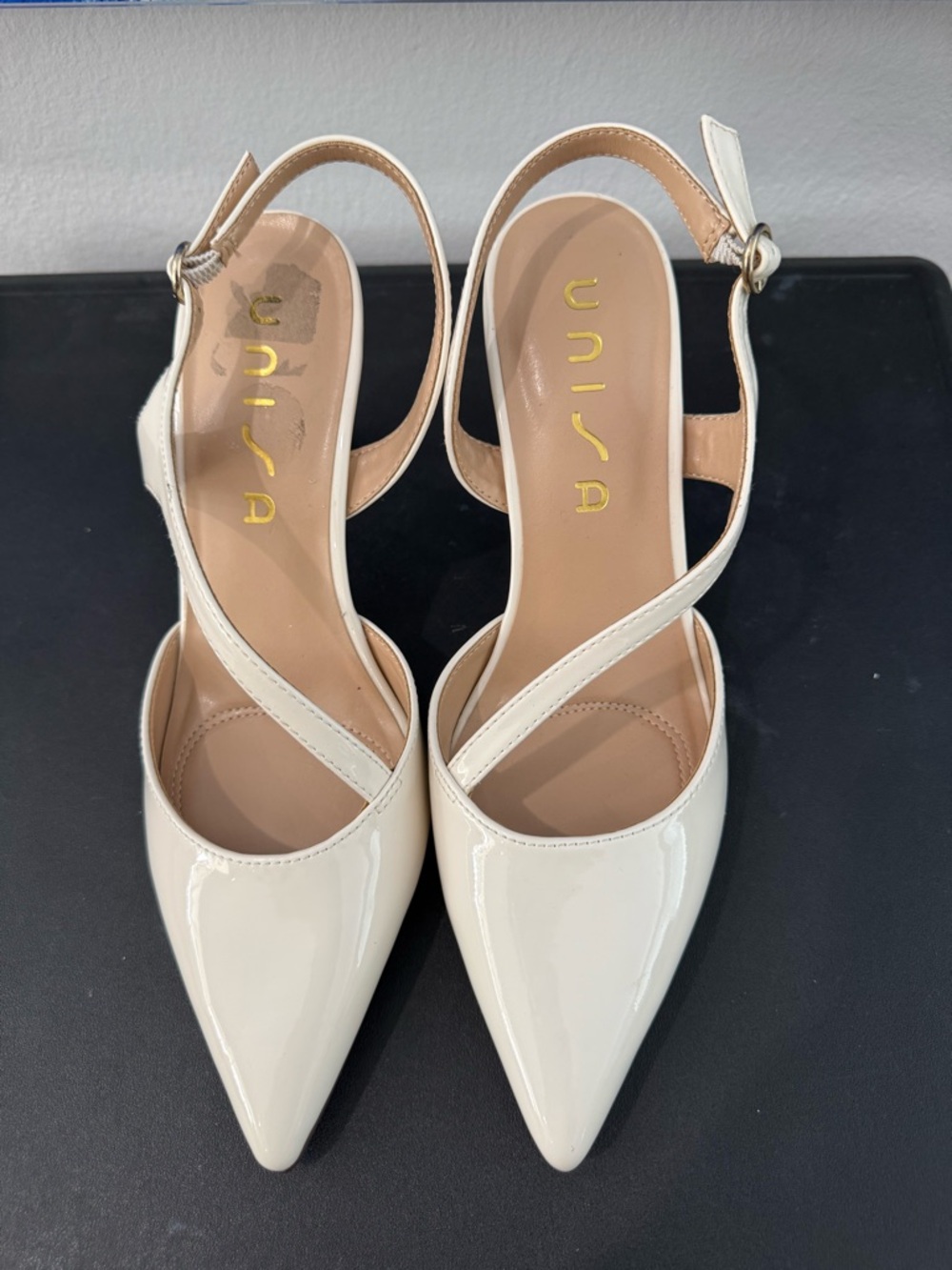 Unisa Cream Patent Pointed Toe Slingback Heels with Crisscross Strap